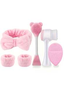 6 件/7 件套洁面套装、深层清洁美容水疗面膜刷套装、柔软天鹅绒头带、发带套装、温和磨砂刷、硅胶面部清洁刷、带洗漱包的便携式女士护肤工具、理想的圣诞礼物、无香型、无需电源/电池