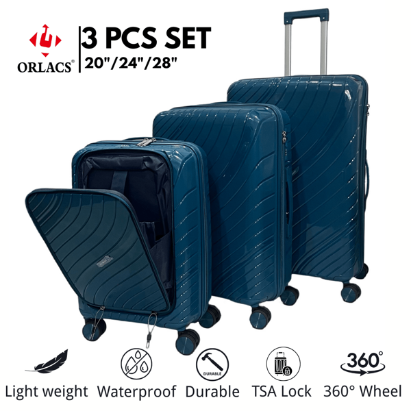 ORLACS Juego de equipaje, Juego de maletas 20+24+28, Juego de tres piezas, Material rígido de PP, El modelo de 20" se puede abrir por la parte frontal, Ligero, Candado de seguridad TSA, Gran capacidad de almacenamiento, Ruedas universales silenciosas de 360°, Alta calidad, Duradero, Impermeable, Resistente al desgaste y a los arañazos, Marca europea, Diseño europeo, Artículo superior, Apto para viajes de negocios, Esencial para viajes de negocios, Transporte, Vacaciones, Cómodo para viajes en familia, Equipaje de mano para aerolíneas, El modelo de 20" no tiene asa lateral, Regalo especial, Apto para hombres y mujeres, Múltiples colores disponibles
