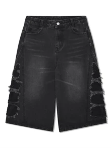 1 件复古做旧拼接阔腿牛仔短裤，休闲宽松街头风格中长裤，男士