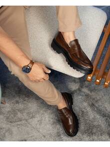 Men's Casual Loafer Shoes Stitched Piettro Work Events Comfortable - 棕色 - 查看 8