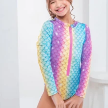 Kids' Long Sleeve UV Solar Swimsuit For Girls With Zipper - 淺灰紫 - 查看 2