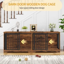 HEXCELEN 78" Dog Crate Furniture With Divider, Dog Crate Barn Door, Dog Kennel Indoor, Wood Dog Crate For 2 Dogs Small/Medium/Large Dog, End Side Table, Anti-Chew Anti-Escape, Rustic Brown - Rust Brown - View 3