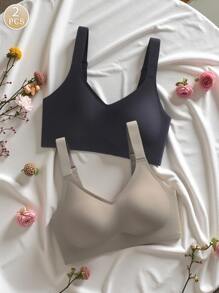 2pcs/Set Simple Comfortable Sports Bras For Women, Wire-Free Solid Color Underwire Bras