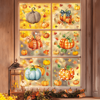 110pcs/8 Sheets Autumn Thanksgiving Pumpkin Window Stickers, Double-Sided Static Film, Maple Leaf Pumpkin, Pinecone, Mushroom, Leaf Decals For Fridge, Suitable For Home, Office, Party, Thanksgiving, Halloween, Christmas