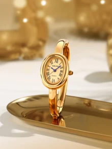 1pc Vintage Oval Women's Watch, Elegant Roman Numeral, Minimalist Retro Fashion High-End, Suitable For Daily Wear, High-Quality Bangle Style Watch - Gold - View 5
