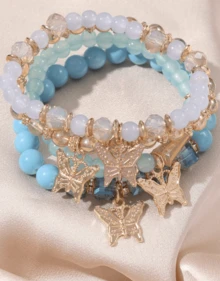 4pcs/Set Bohemian Style Stacked Bracelet Set With Colorful Butterfly Beaded Multi-Layer Bracelets - Màu xanh bạc hà - Xem 1