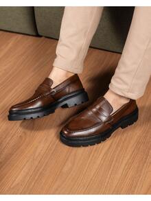 Men's Casual Loafer Shoes Stitched Piettro Work Events Comfortable - 棕色 - 查看 2