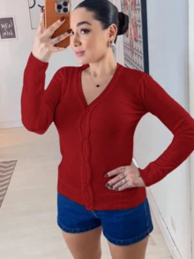 Plain Knit Coat With Elastane Buttons Beautiful Fashion Super Shipping! - Red - View 2