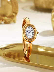 1pc Vintage Oval Women's Watch, Elegant Roman Numeral, Minimalist Retro Fashion High-End, Suitable For Daily Wear, High-Quality Bangle Style Watch - Gold - View 4