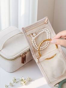 1pc Velvet Jewelry Box With Zipper, Large Capacity Jewelry Storage Box With 2 Removable Dividers, Earring Rings Necklaces Bracelets Organizer Box. Suitable As Gift For Girlfriend, Friend, Girls, Mother's Day Sun Travel Cool, Room Decor - Multicolor - View 14