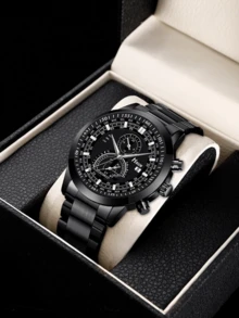 2 件男士休闲时尚钱包 + 时尚石英腕表礼品套装，周年纪念、生日、父亲节的理想礼物 - 黑色套裝4 - 查看 6