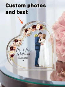 1件定制照片心形亚克力牌匾，个性化情侣照片爱情装饰，定制文字雕刻情侣照片牌匾，定制照片心形个性化装饰，桌面装饰亚克力心形摆件，独特照片纪念品，家居装饰，适用于家庭和办公室装饰，共有5种款式可供选择