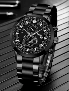 2 件男士休闲时尚钱包 + 时尚石英腕表礼品套装，周年纪念、生日、父亲节的理想礼物 - 黑色套裝4 - 查看 8