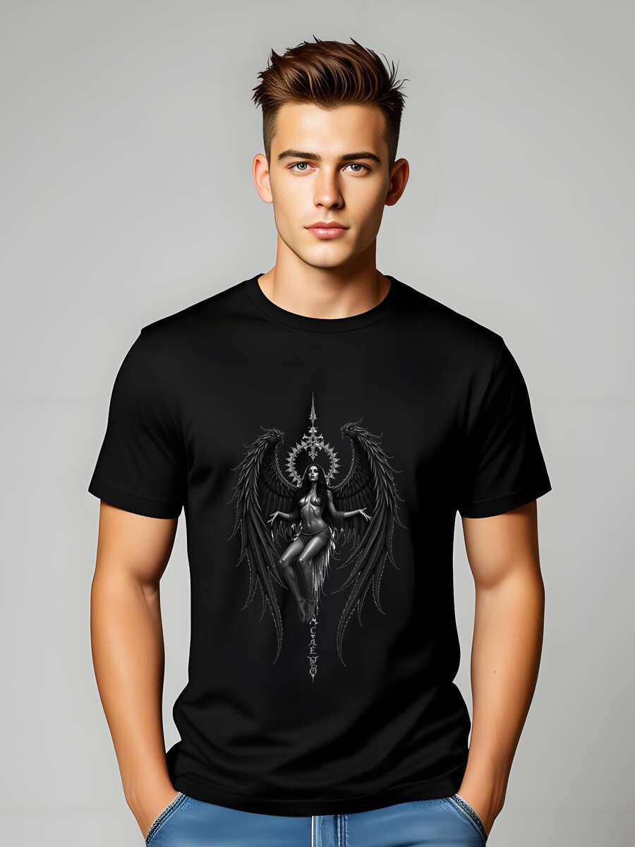 Camiseta con gráfico de alas de obsidiana de ángel oscuro - Camiseta gótica de ángel caído - Negro - Ver 1