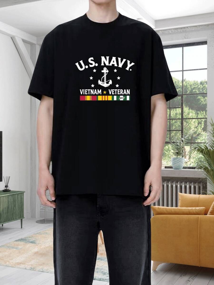 MUSTKIN-TEE American Navy Vietnam Veteran Print Crew Neck T-Shirt, Loose Fit Plus Size Pure Cotton, Casual Style Daily Comfort Machine Washable, Suitable For All Seasons. - 黑色 - 查看 1