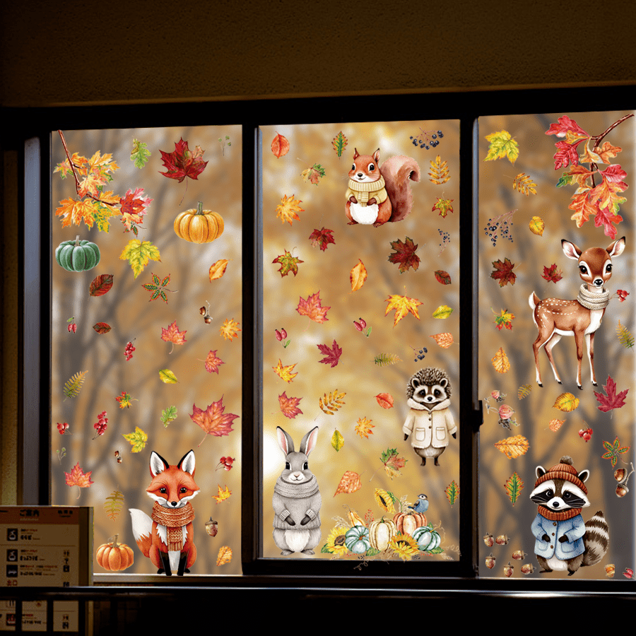 Set de 9 piezas, 115 unidades, grandes calcomanías para ventanas otoñales - Decoración de Acción de Gracias y cosecha, incluye patrones de mascotas, calabaza, hojas de arce y ardilla - Calcomanías de PVC reutilizables con estática para el hogar, tiendas, fiestas, vitrinas de cristal (11.8x7.87 pulgadas), con tema festivo, fácil de aplicar, adecuado para cosecha, Acción de Gracias, Navidad, Halloween y compras