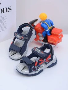 1 双男童蓝色卡通时尚运动凉鞋，舒适防滑耐用软底大童沙滩凉鞋，带可调节钩环，轻便适合日常穿着和跑步，夏季