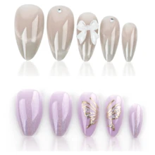 Add A Touch Of Romance With 48pcs Medium Almond Classic Simple French Style Romantic Purple Gentle Gilding Aurora Butterfly Pattern&Multicolor Rainbow Color Glassy Laser Sequin Decot,Gradient Green Elegant Cat Eye Bow-Knot Full Cover Fake Press On Nail Kit Will Give Your Look A Sweet Suitable For Daily And Dateing