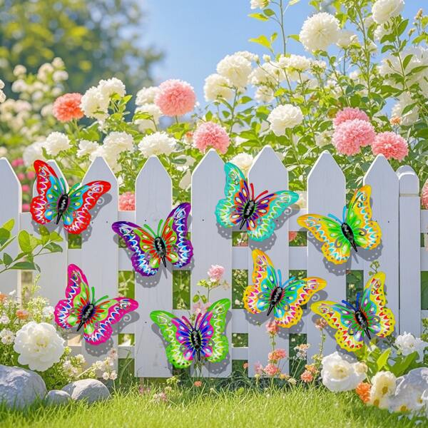 8pcs Stunning 3D Metal Butterfly Wall Art Decorations - Colorful Iron Art For Garden, Patio & Wall, Ideal For All Seasons