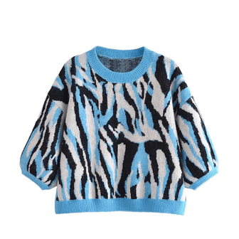 Seelio Summer New Arrival Women Loose Round Neck Jacquard Knit Short Sleeve Top