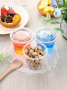 Juego de 100 vasos de plástico de 5.5 onzas con tapas, pequeños recipientes de plástico apilables y transparentes, tazas herméticas para condimentos, mini despensa para salsas, aderezos para ensaladas y porciones, temporada de regreso a la escuela, tazas para condimentos para almuerzos, picnics y viajes, perfectos, prácticos recipientes de almacenamiento de alimentos - transparente - Ver 5