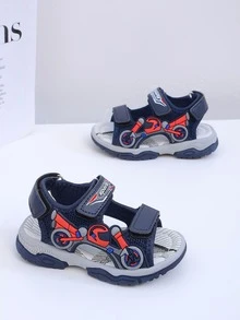 1 双男童蓝色卡通时尚运动凉鞋，舒适防滑耐用软底大童沙滩凉鞋，带可调节钩环，轻便适合日常穿着和跑步，夏季