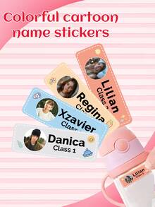52pcs Customized Photo Class Name Stickers, Personalized Image Label Stickers, Custom Design Of Your Own Image, Waterproof Office Name Labels For Stationery, Water Bottles, Lunch Boxes, Scrapbook, Gift For Him Her, Boyfriend, Mom, Dad, Back To School, Dishwasher - Multicolor - View 3