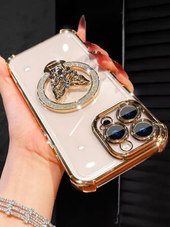 奢华电镀透明金色手机壳，带创意蝴蝶支架，水钻闪光 Y2k 风格，防摔，防掉落，夏季新款时尚硅胶防震保护软壳，兼容 16 16e 15 14 13 12 11 X XS XR 8 7 Plus Pro Max Mini、Samgsung Galaxy S24 S25 Ultra、兼容小米 Redmi、兼容华为 Honor OPPO Reno MOTO Infinix Women 2025