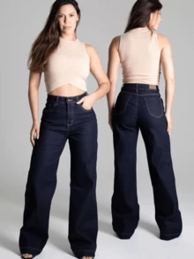 Women's Wide Leg Pants Sawary Elastane Comfortable Premium Original Simple Pocket Zipper Button Daily Winter - 藏蓝色 - 查看 6