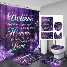 1/4 pièces Rideau de douche avec papillon violet de la Saint-Valentin, ensemble de salle de bain, rideau de douche avec motif floral et citations inspirantes, galaxie (avec tapis), rideau de douche romantique moderne (avec ensemble de tapis de bain et 12 crochets), décoration et accessoires de salle de bain, retour à l'école