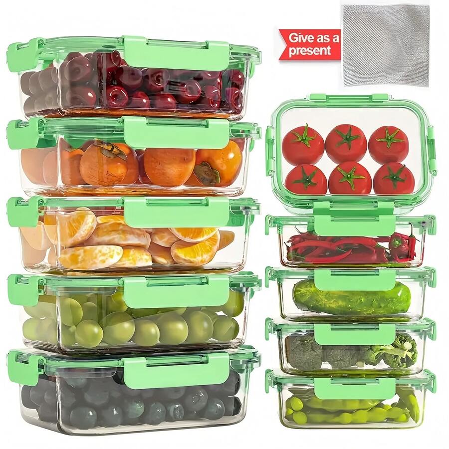 10/2pc Green Glass Food Storage Container Lid, Airtight Glass Meal Preparation Container, Reusable Food Container With Leak-Proof Latch Lid, Suitable For Leftovers, Takeout, Oven, Microwave, Refrigerator, Frozen  Lunch Container - 綠色 - 查看 1