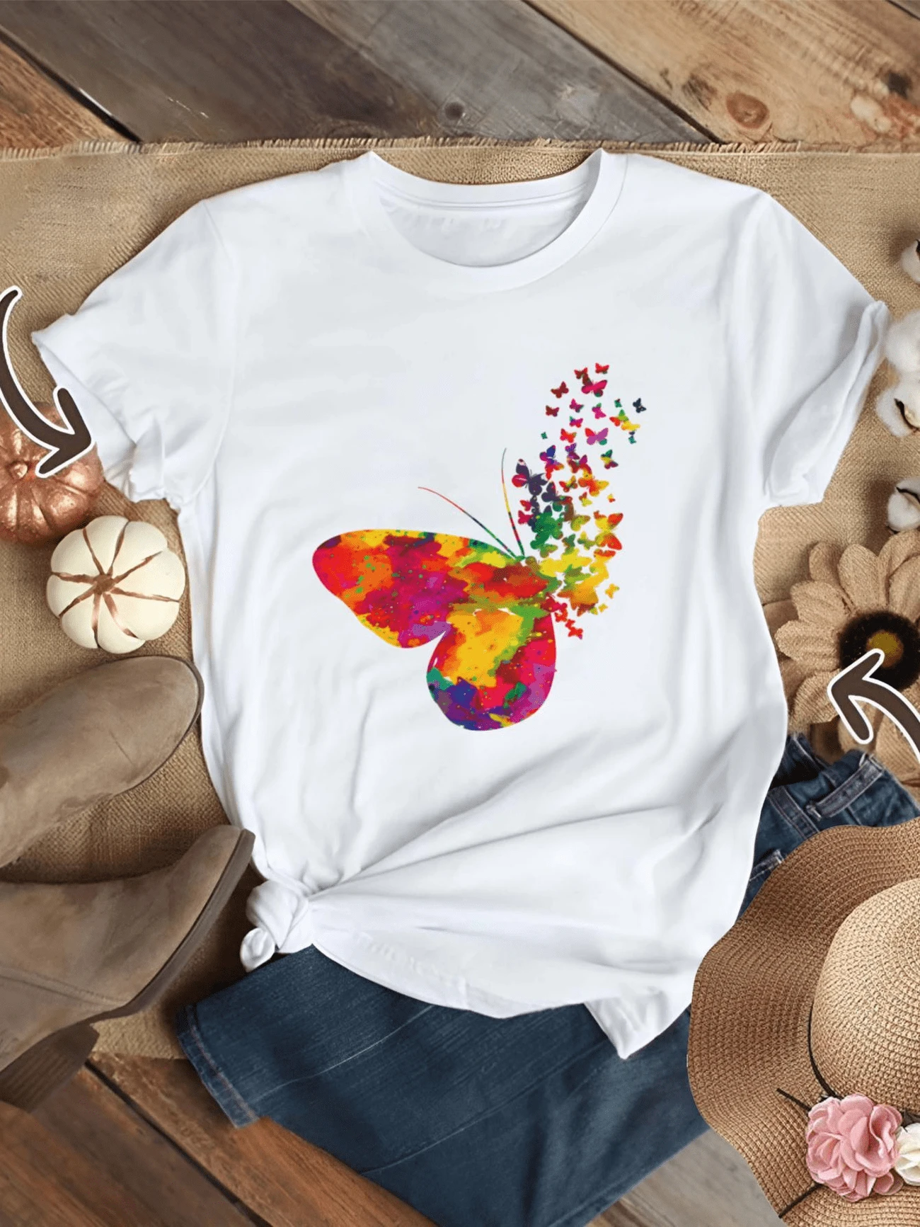 New Comfort Butterfly, Colorful, Pop-Out Women's T-Shirt Comfortable Travel Wear Slimming Machine Washable Jacket - 白色 - 查看 1