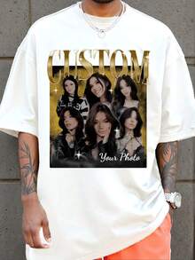 Customization Personalized Men's Comfortable Casual Loose Fit T-Shirt. Custom Girlfriend Face Photo Vintage Shirts, Custom Your Own Bootleg Rap Tee Graphic Wife Husband Tee Anniversary Gift,Valentine's Day Gift (Selfie/Family Photo/Friend Photo/Party/Team/ Boyfriend/Girlfriend/Couple Matching/ Workwear) - 白色 - 查看 3