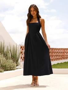 Nowość Sukienka z kwadratowym kołnierzykiem i ściągaczem w talii, z odkrytymi plecami dla kobiet