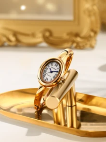 1pc Vintage Oval Women's Watch, Elegant Roman Numeral, Minimalist Retro Fashion High-End, Suitable For Daily Wear, High-Quality Bangle Style Watch - Gold - View 7