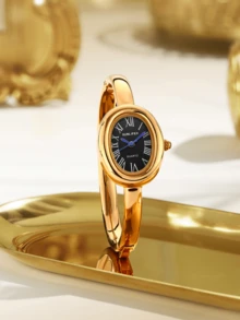 1pc Vintage Oval Women's Watch, Elegant Roman Numeral, Minimalist Retro Fashion High-End, Suitable For Daily Wear, High-Quality Bangle Style Watch - Gold - View 6