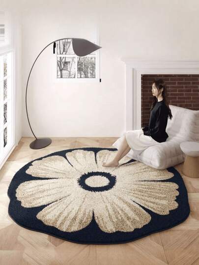 1 件装优质圆形米色花卉地毯，不对称形状，适用于客厅、卧室、沙发、茶几、梳妆台等场所，柔软舒适，轻便易清洁，家居装饰
