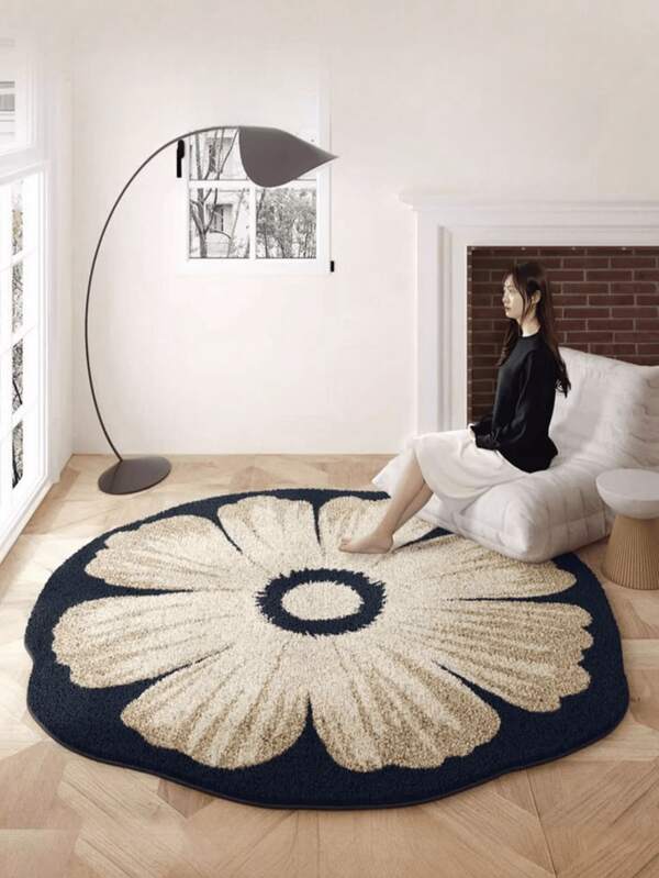 1 Stück Premium runder cremefarbener Blumenteppich, asymmetrische Form Teppich für Wohnzimmer, Schlafzimmer, Sofa, Couchtisch, Schminktisch, weich & bequem, leicht & einfach zu reinigen, Wohndekoration