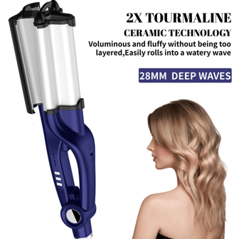 Tenacilla rizadora, 3 tubos de 28MM tenacilla rizada profesional, crea peinados de ola perfectos, revestimiento cerámico de ondas profundas, rizador de ola de agua portátil, fácil de usar, tenacilla rizadora con clip de bloqueo de almacenamiento, apropiada para uso doméstico y de viaje, regalo festivo para mujeres.