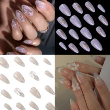 Add A Touch Of Romance With 48pcs Medium Almond Classic Simple French Style Romantic Purple Gentle Gilding Aurora Butterfly Pattern&Multicolor Rainbow Color Glassy Laser Sequin Decot,Gradient Green Elegant Cat Eye Bow-Knot Full Cover Fake Press On Nail Kit Will Give Your Look A Sweet Suitable For Daily And Dateing