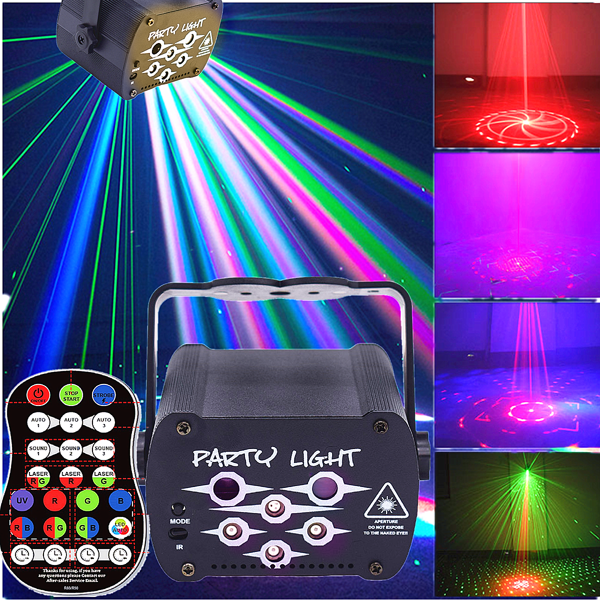 Luces de fiesta Luces de discoteca DJ 3 en 1 Efectos de luz láser UV Luces estroboscópicas RGB con control de voz y control remoto para interior, fiesta de cumpleaños, familia, karaoke, bar, discoteca, boda, carnaval, decoración de fiestas