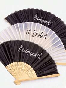5把/1把白色新娘爱心印花丝绸木质折扇，竹制手持折扇，适合新娘、单身派对、婚礼、新娘送礼会装饰、伴娘礼物、单身派对拍照道具、婚礼装饰、新娘礼物、单身派对装饰和新娘送礼会配饰，派对和活动的绝佳选择，夏季配饰 - 彩色 - 查看 3