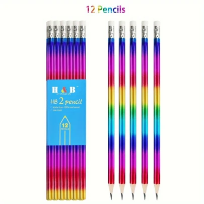 12/24 支彩虹彩色铅笔彩色木铅笔彩虹铅笔明亮扎染圆形铅笔带橡皮擦顶部铅笔趣味铅笔学校用品，返校