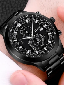 2 件男士休闲时尚钱包 + 时尚石英腕表礼品套装，周年纪念、生日、父亲节的理想礼物 - 黑色套裝4 - 查看 7