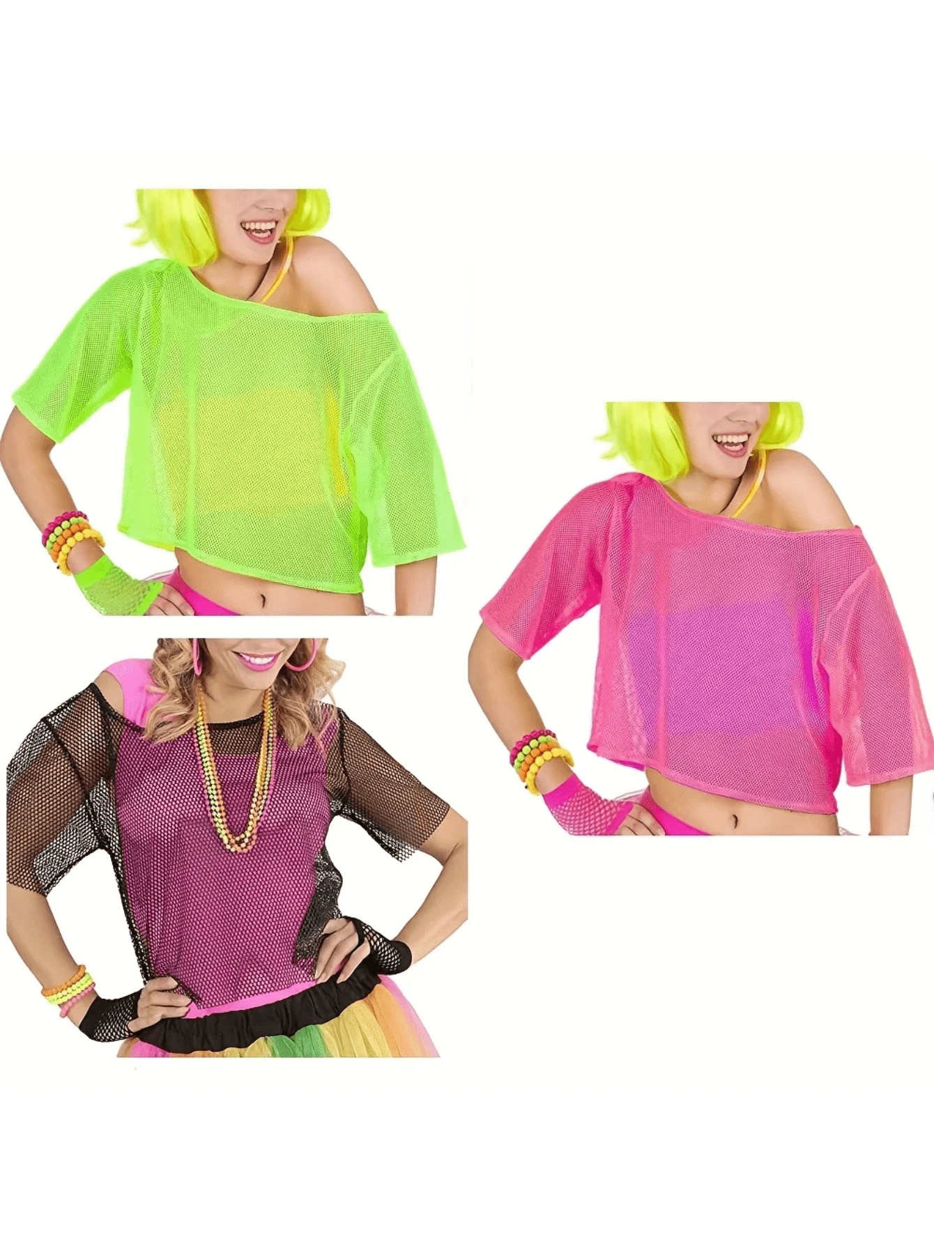 Áo lưới neon phong cách thập niên 1980 dành cho nữ - Thoáng khí và có thể giặt bằng máy, thích hợp cho các dịp tiệc tùng và thường ngày, đạo cụ hóa trang, quần áo và phụ kiện hóa trang, bộ đạo cụ trang phục, đạo cụ quần áo khác và làm quà tặng Halloween - Nhiều màu - Xem 1