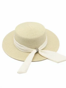 1 件女士宽边草帽，带蝴蝶结，平顶海滩遮阳帽 - 米色 - 查看 2
