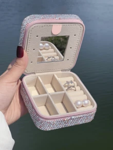 1pc High-Quality Sparkling Rhinestone Jewelry Storage Box, Portable Jewelry Organizer Box For Rings, Earrings, Bracelets, Necklaces, Suitable For Bedroom Vanity, Jewelry Organizing, Holiday Creative Gift - Multicolor - View 3