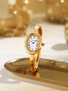 1pc Vintage Oval Women's Watch, Elegant Roman Numeral, Minimalist Retro Fashion High-End, Suitable For Daily Wear, High-Quality Bangle Style Watch - Gold - View 2