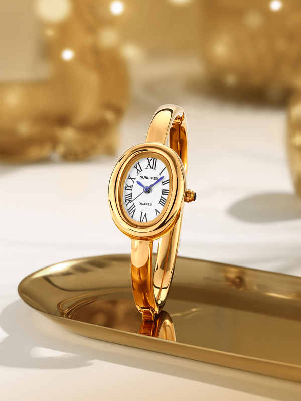 1 Relógio feminino oval retrô dourado, elegante, com algarismos romanos, minimalista, vintage, de alta qualidade, adequado para uso diário, relógio com pulseira de alta qualidade