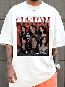 Customization Personalized Men's Comfortable Casual Loose Fit T-Shirt. Custom Girlfriend Face Photo Vintage Shirts, Custom Your Own Bootleg Rap Tee Graphic Wife Husband Tee Anniversary Gift,Valentine's Day Gift (Selfie/Family Photo/Friend Photo/Party/Team/ Boyfriend/Girlfriend/Couple Matching/ Workwear) - 白色 - 查看 2